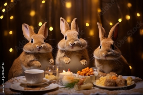 A family of rabbits sits at the table and celebrates Easter.