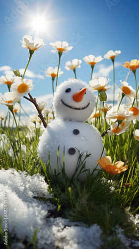 A happy snowman stands in a patch of daisies against a clear blue sky, a playful nod to the changing seasons.