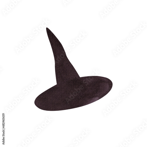 Witch's cap. Halloween decor. Black old-fashioned women's hat with a pointed top. Isolated watercolor illustration on white background