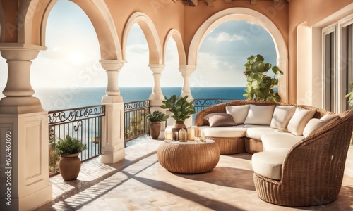 Outdoor Summer Terrace Or Balcony With Wicker Furniture In Vintage Style. Sea View. © useful pictures