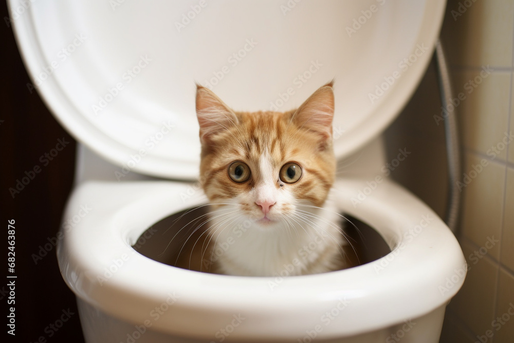 Poster Print The cat is sitting in the toilet bowl. Funny image. 40x26.7 cm