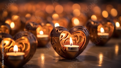 A close-up of heart-shaped tea light holders casting a warm glow in a darkened room.