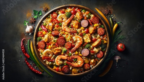 Jambalaya with rice, chicken, sausage, shrimp, and vegetables, a colorful Creole dish.