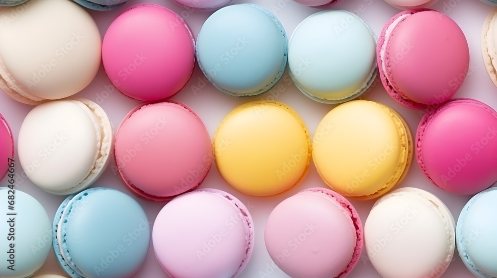 Seamless pattern of colorful macaroons delicately arranged on a pastel background, showcasing variety and sweetness. Seamless pattern of colorful macaroons delicately arranged on a pastel background, showcasing variety and sweetness.