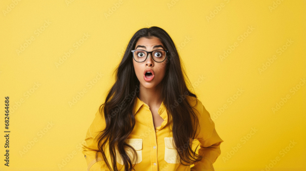 Young beautiful hispanic woman wearing glasses over isolated yellow background afraid and shocked with surprise expression, fear and excited face. - obrazy, fototapety, plakaty 