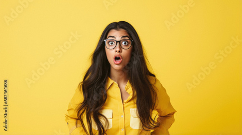 Young beautiful hispanic woman wearing glasses over isolated yellow background afraid and shocked with surprise expression, fear and excited face. photo