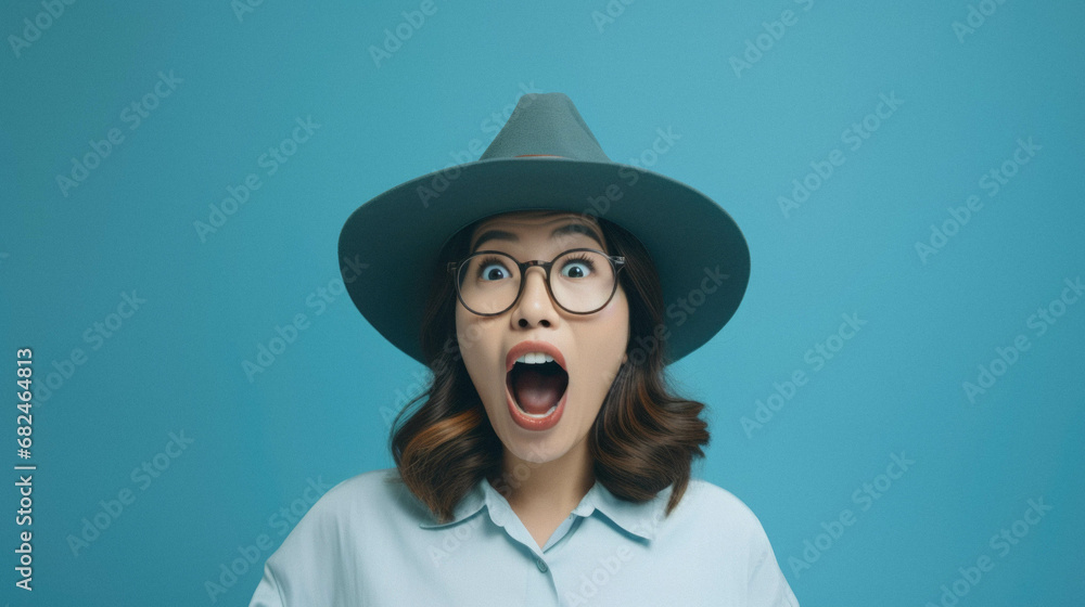 Portrait of excited young woman in casual wear and blue shirt looking at camera while screaming with opened mouth in studio. Portrait of excited young woman in casual wear and blue shirt looking at camera while screaming with opened mouth in studio.
