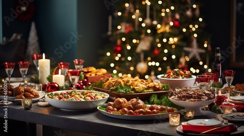 Festive Feast. Christmas Dinner Table Overflowing with Delicious Dishes