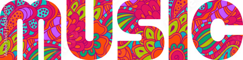 Music creative vector text, decorated with colorful doodle floral pattern.