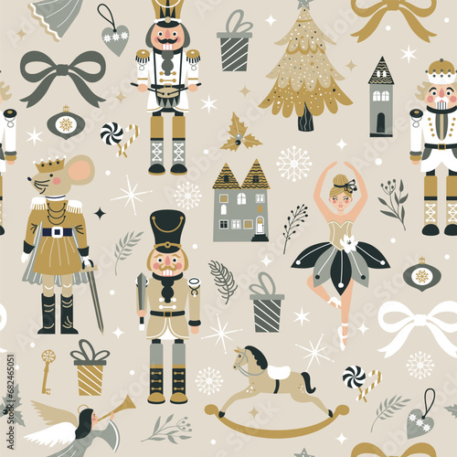 Seamless Christmas Pattern with Nutcrackers ballerina in Vector on beige. New year illustration.