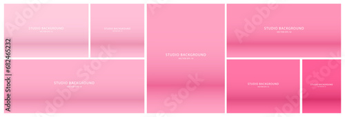 A large set of stage showcases for presentation, stage layouts. Studio backgrounds are pink. Vector illustration.