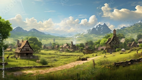 an AI image of a quaint rural village with lush green fields