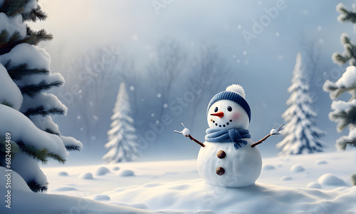 Winter scenery with cute snowmen standing. Generative AI © 냥냥냥 난