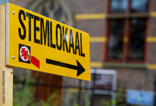 Sign referring to the polling station for municipal elections in the Netherlands. Voting office. photo