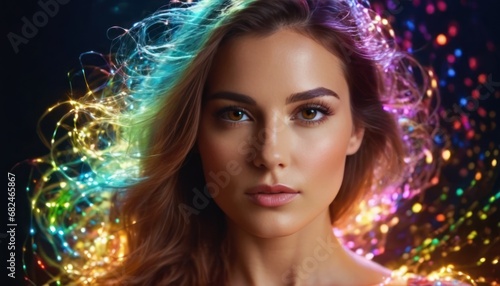 Close up portrait of beautiful young woman shape  colorful light particles  plexus figures  color splashes. Sensual woman and big glowing particle trails  paint waves. Colorful Futuristic background