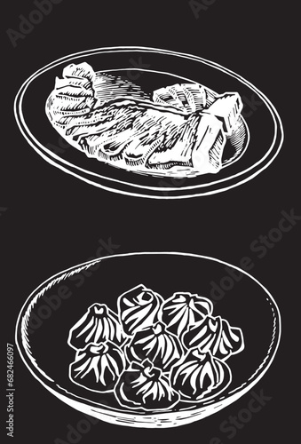 Vector illustration of khinkali and steak on a palte, food illustration on black background. Graphical elements for caffe banner design