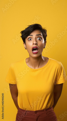 Shocked young african woman in yellow dress looking at camera isolated on yellow.