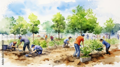 A painting of a group of people working in a garden