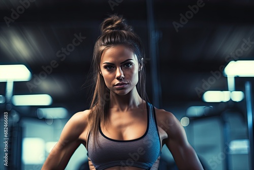 Muscular strong man working out in the gym. The background is blurred, concentrating on the person who has achieved success. Generative AI