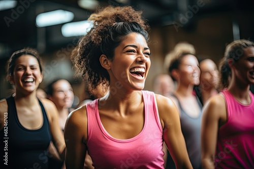 Young beautiful girls enjoy fitness classes in a group. Generated by AI.