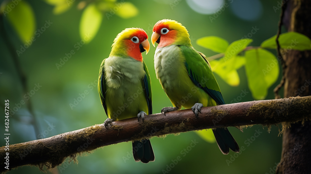 Two bright Rosy-faced Masked lovebirds are sitting on a branch and looking at each other in love. The concept of wildlife Two bright Rosy-faced Masked lovebirds are sitting on a branch and looking at each other in love. The concept of wildlife