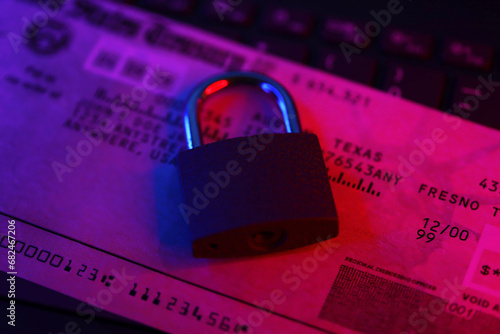 United States Treasury refund check or stimulus bill with small padlock on computer keyboard close up photo
