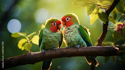 Two bright Rosy-faced Masked lovebirds are sitting on a branch and looking at each other in love. The concept of wildlife
