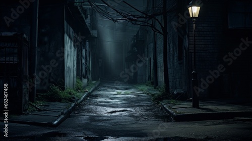 A darkened alleyway with a single streetlight  symbolizing safety concerns in urban areas.