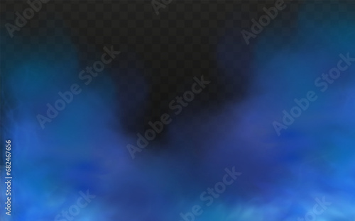 Blue magical fog over the ground.Illustration of night transparent clouds and fog over the river. Realistic neon magic mist steam on a transparent dark background.