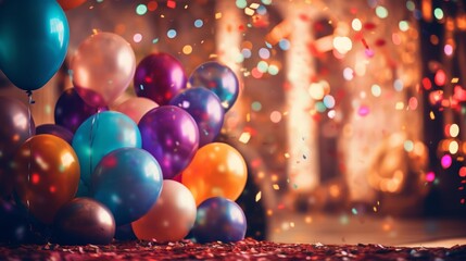 Blurry photo of birthday party background with balloons, streamers and lights