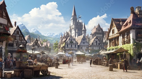 an AI image of a village square with a lively renaissance fair