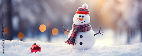 Snowman in winter country. Merry christmas and happy new year print card decoration. wide banner © Sabrewolf