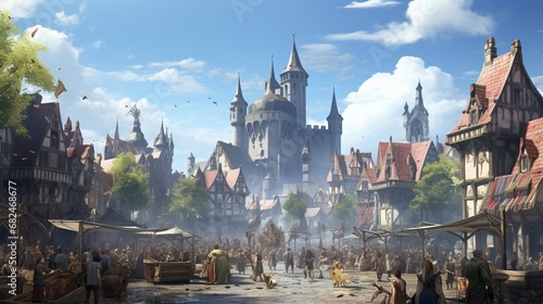 an AI image of a village square with a lively renaissance fair photo