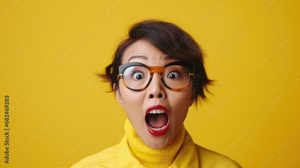 Surprised asian girl in a yellow shirt and glasses.