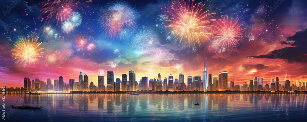 firewoks show above big city. copy space for text. firewoks show above big city. copy space for text.