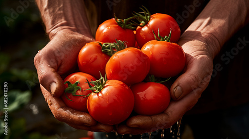 person holding a bunch of fresh picked tomatoes from a garden farm, farming tomato produce