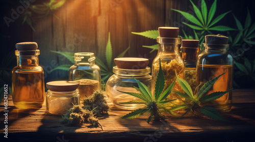 essential oil with herbs, cannabis leaves, marijuana photo