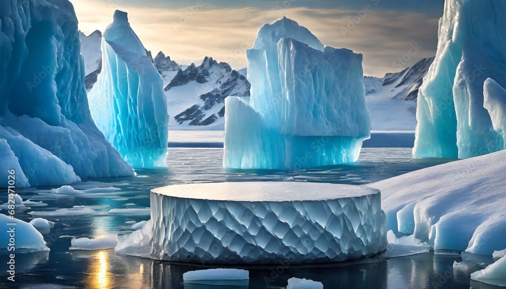 Product background, ice podium. Snow and icebergs in the background Product background, ice podium. Snow and icebergs in the background