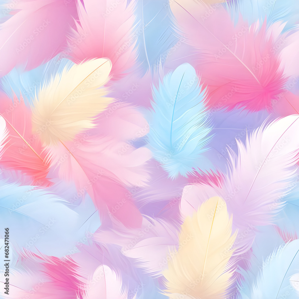 Obraz premium Abstract Texture colored fluffy bird feathers background. Soft and Light Pastel Tinted White Feathers Randomly Scattered to Form Fluffy and Airy White Background.