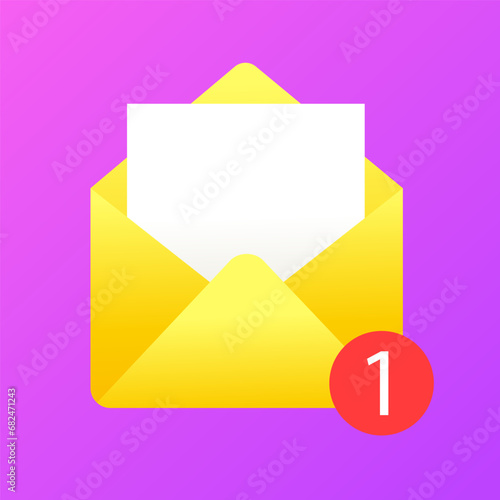 Envelope with letter icon. Flat, yellow, envelope with 1 letter, purple background. Vector icon