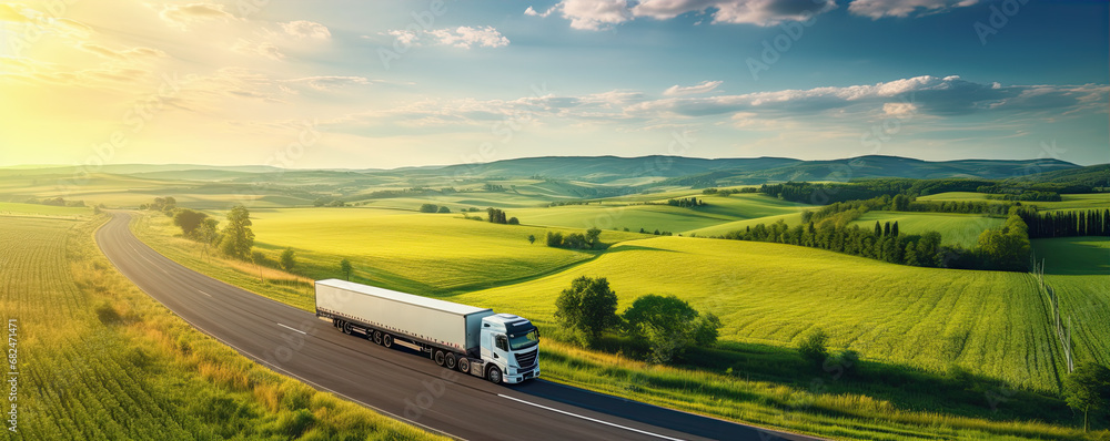 Truck on freeway top air view. Truck driving at beautiful spring landscape.