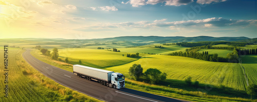 Truck on freeway top air view. Truck driving at beautiful spring landscape.