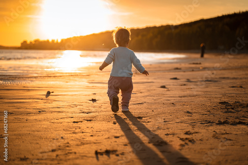 Little baby child toddler walks along an empty beach by the sea at sunset alone, calm and relax, active childhood