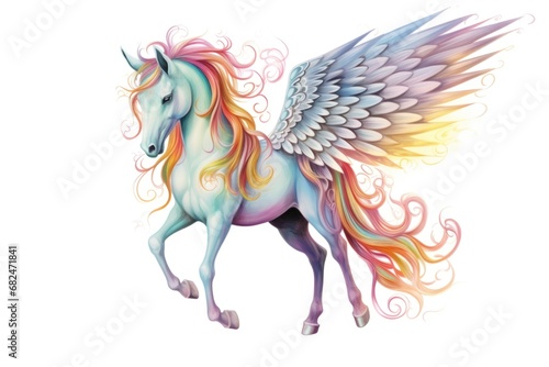 A white horse with a colorful mane and wings