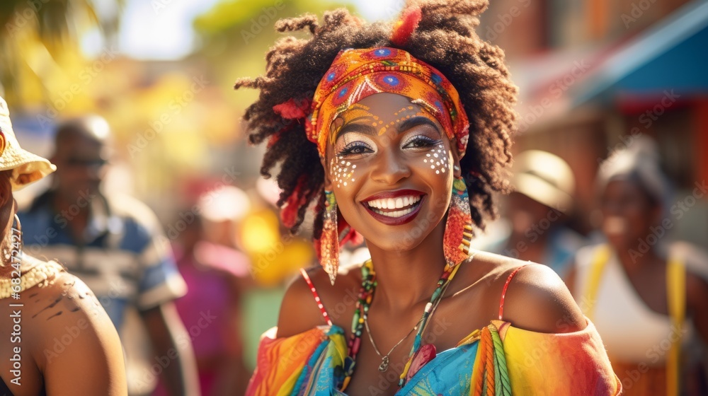 Happy African woman wearing costume during a Caribbean style festival, street party Happy African woman wearing costume during a Caribbean style festival, street party