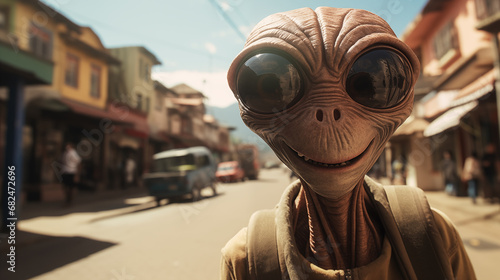 Futuristic portrait of joyful friendly alien, like a tourist is surprised to see the sights of a small European town