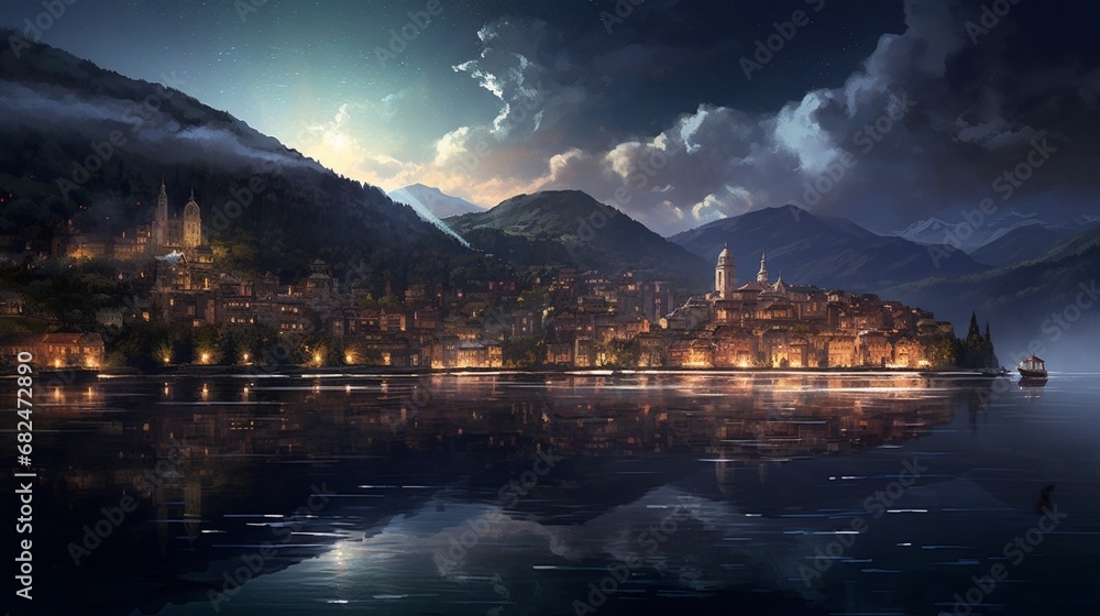 an elegant cityscape with lights shimmering on the surface of a peaceful lake