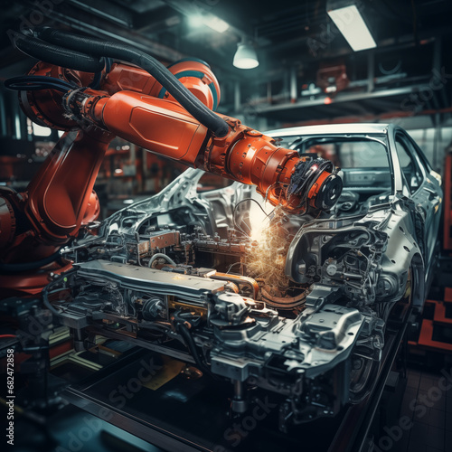 robotic arms work on a production line.Assembly of car parts with machinery , mechanical arm tools, and technology, AI generated images