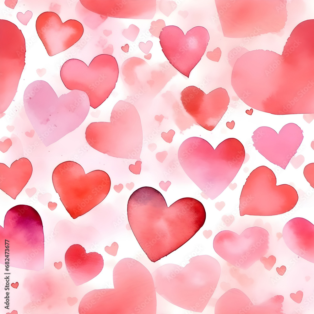 Watercolor hearts. seamless background. Beautiful unique outlined red hearts . illustration with visible irregular edges and uneven distribution of the watercolor paint pigment.