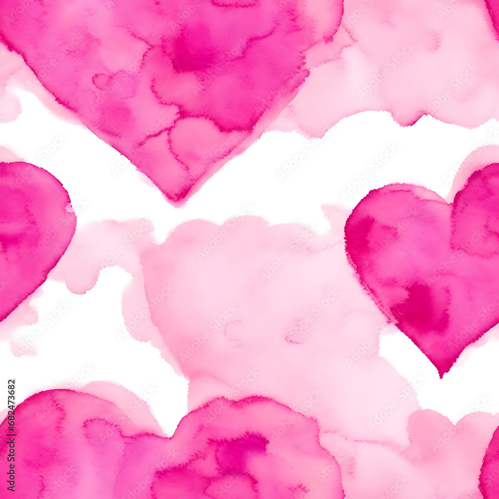 Watercolor hearts. seamless background. Beautiful unique outline hearts. illustration with visible irregular edges and uneven distribution of the watercolor paint pigment.